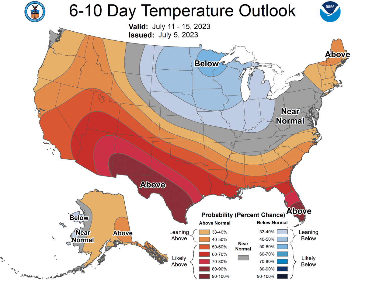 A temperature outlook from the National Oceanic and Atmospheric Administration shows particularly high odds of hotter-than-normal days in Florida.