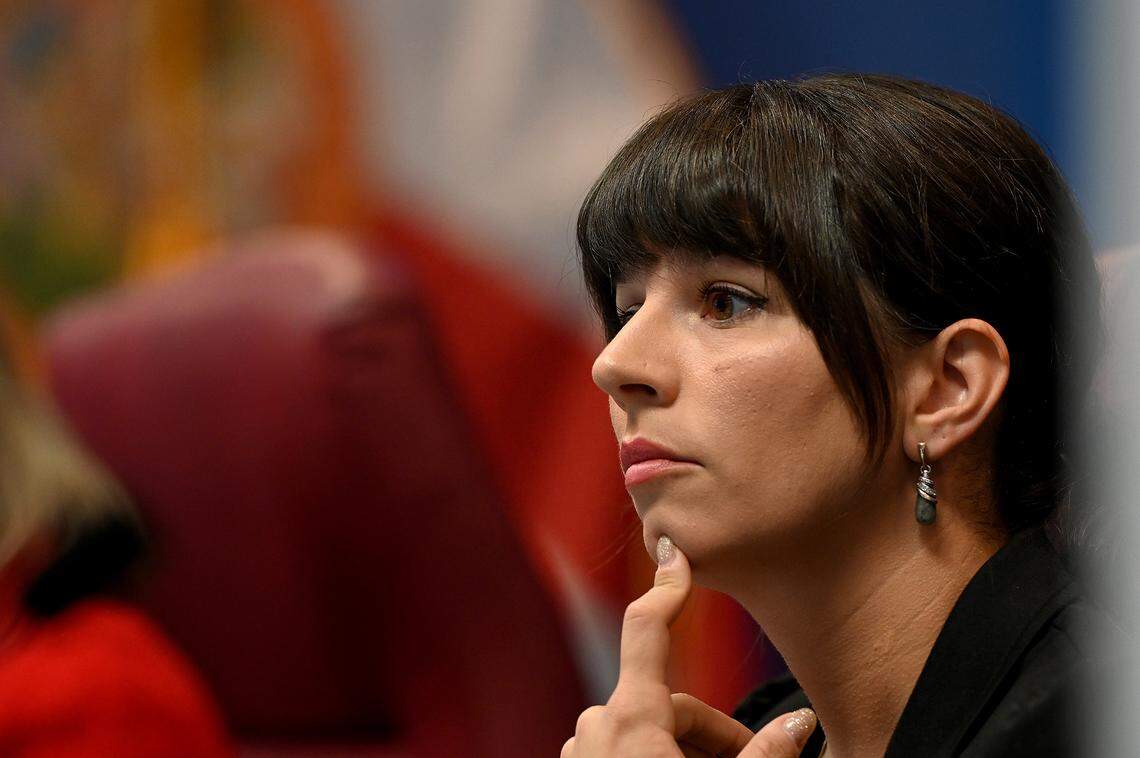 Commissioner Amanda Ballard, who proposed a series of changes in Manatee County libraries Tuesday, listens during a public meeting on November 29, 2022.