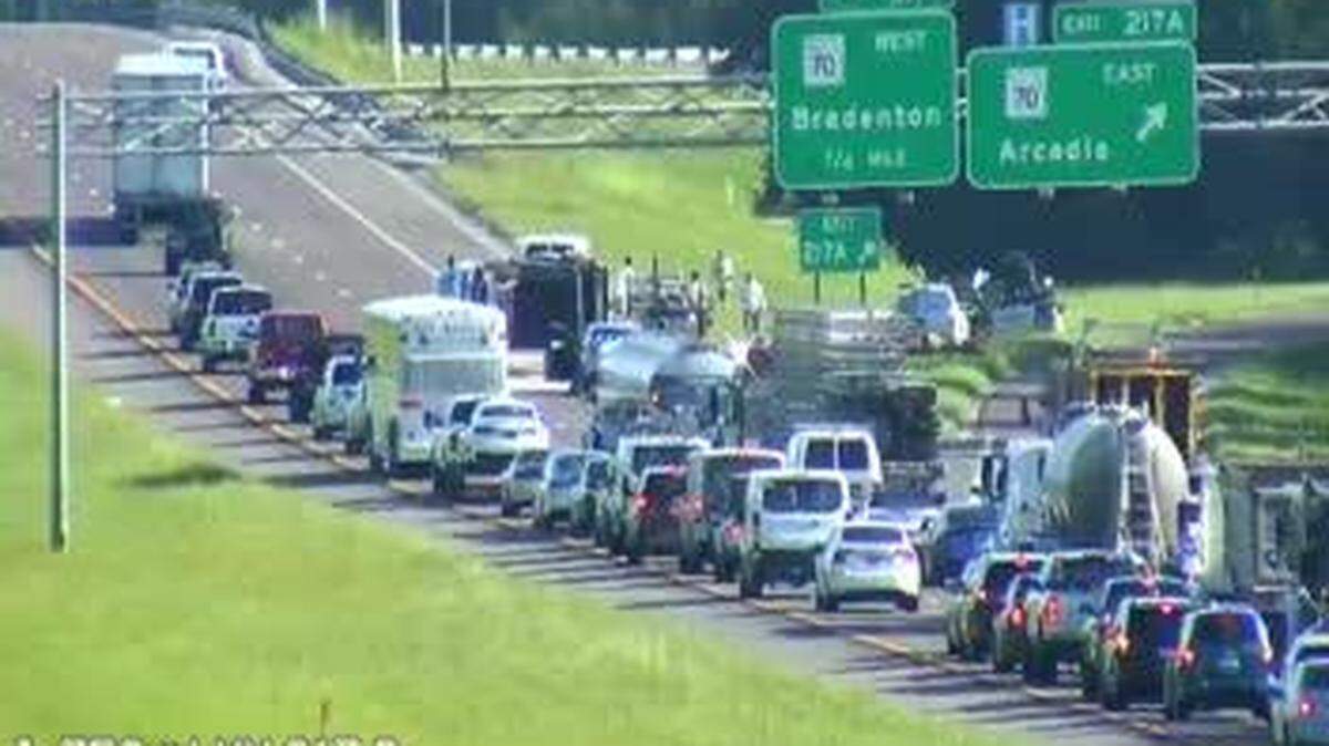 The two right lanes of I-75 north at mile marker 217 near State Road 70 are blocked as of 9:17 a.m. Tuesday, according to Florida 511.