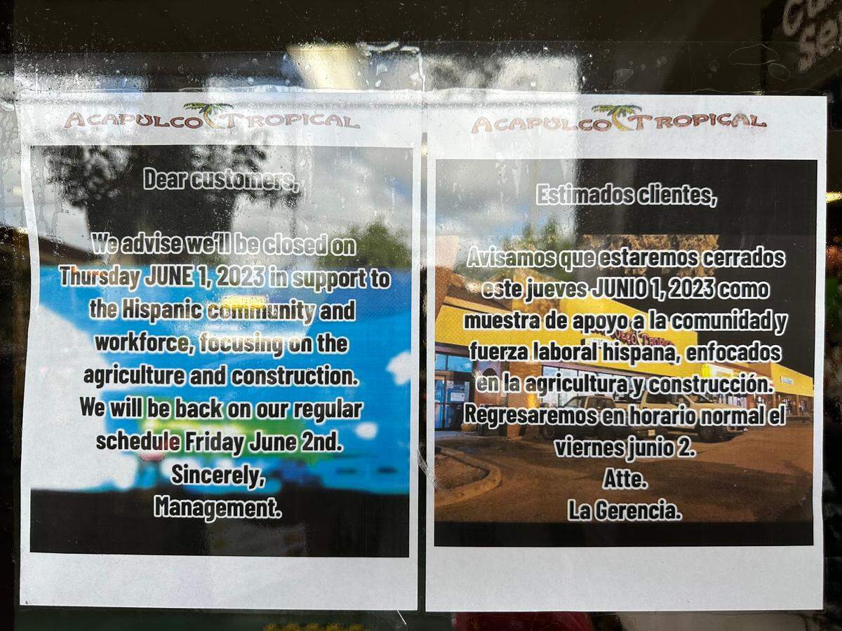 A sign of the door on Acapulco Tropical market in Bradenton says the store is closed for A Day Without Immigrants on Thursday, June 1, 2023.