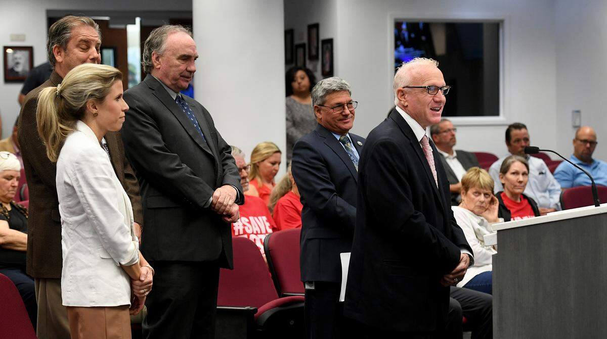 Mitchell Teitelbaum (right) thanks the Manatee County Commission during his Nov. 29, 2022, appointment as deputy county administrator. Less than 2 months later, board members rescinded his role following a sexual harassment complaint by a county employee.