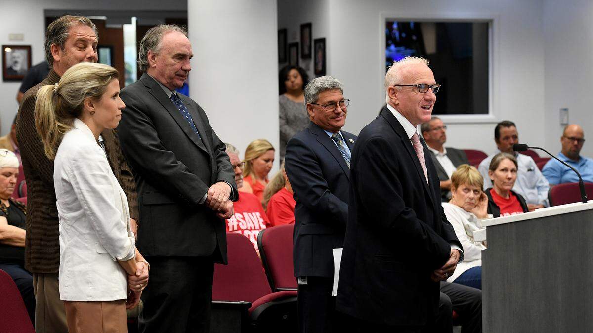 Mitchell Teitelbaum (right) thanks the Manatee County Commission during his Nov. 29, 2022, appointment as deputy county administrator. Less than 2 months later, board members rescinded his role following a sexual harassment complaint by a county employee.