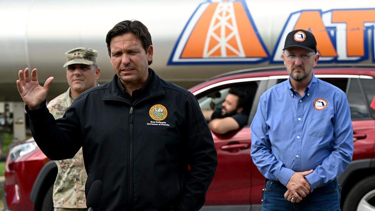Florida Gov. Ron DeSantis announces plans to bring tankers of fuel to several areas in Southwest Florida impacted by Hurricane Milton, at a press conference Saturday, Oct. 12, 2024, at Bennett Park in Bradenton, Fl.