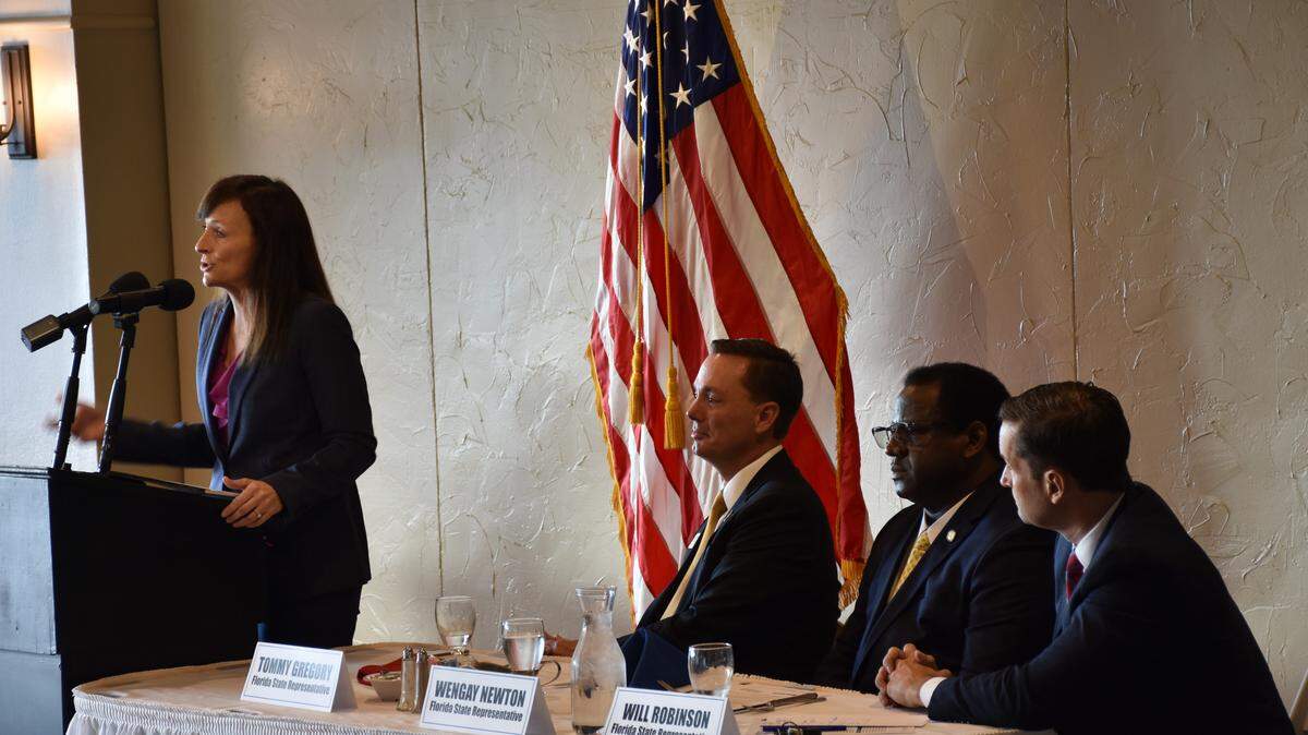 The Manatee Chamber of Commerce’s Pancakes & Politics Breakfast invited officials from Florida State House of Representatives and the Senate to speak about their priorities in the upcoming 2020 legislative session at the IMG Golf Club Tuesday morning. Rep. Margaret Good, D-Sarasota, (left) speaks while Rep. Tommy Gregory, R-Sarasota, Rep. Wengay Newton, D-St. Petersburg and Rep. Will Robinson, R-Bradenton, listen on.