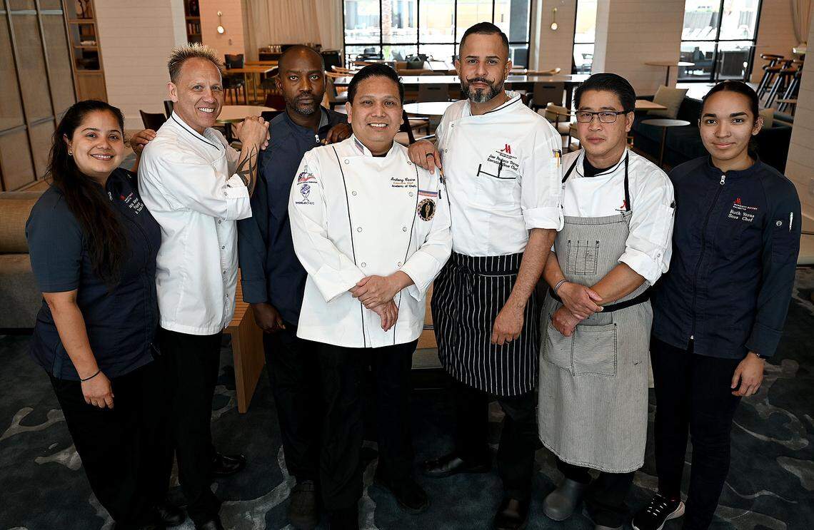 Chefs at the Oyster River Rooftop Restaurant, Jr. Sous Chef Maria Almarza Fajardo, Executive Pastry Chef Alon Gontowski, Jr. Sous Chef Kenroy Miller, Executive Chef Anthony Castro, Executive Sous Chef Jose Pacheco Torres, Executive Banquet Chef Robin Servas, Sous Chef Ruth Veras, at the Palmetto Marriott Resort & Spa on July 3, 2023.