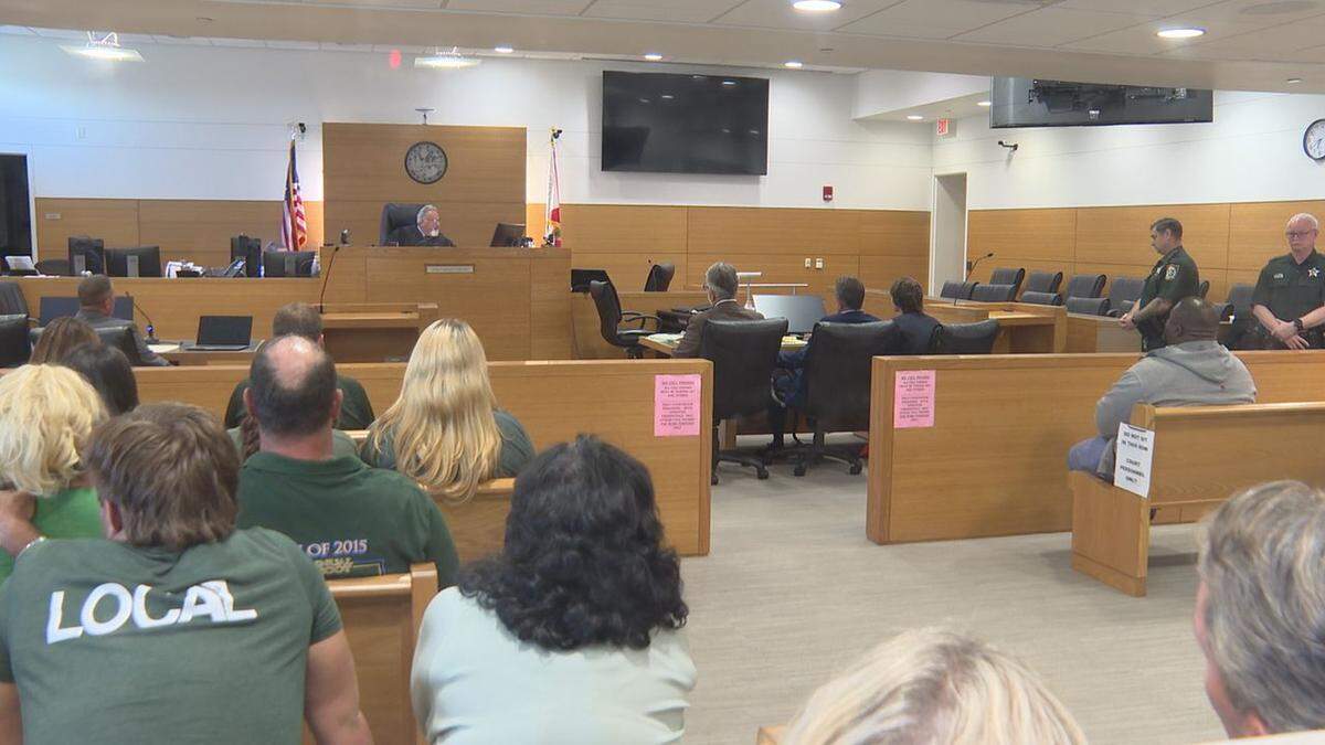 Family members, classmates and friends packed a Manatee County courtroom on Wednesday, Sept. 24, 2025, many wearing green shirts in honor of Jann Michael Feeney’s favorite color, during the sentencing of Carter Layne.