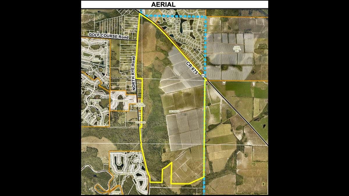 Development is expanding up to the edge of the urban service boundary in Parrish as the Manatee County Commission approves the 3,500-home Rye Ranch project. This county-provided map shows the boundary of the 1,369-acre development, which sits south of Rutland Road and to the west of Rye Road.