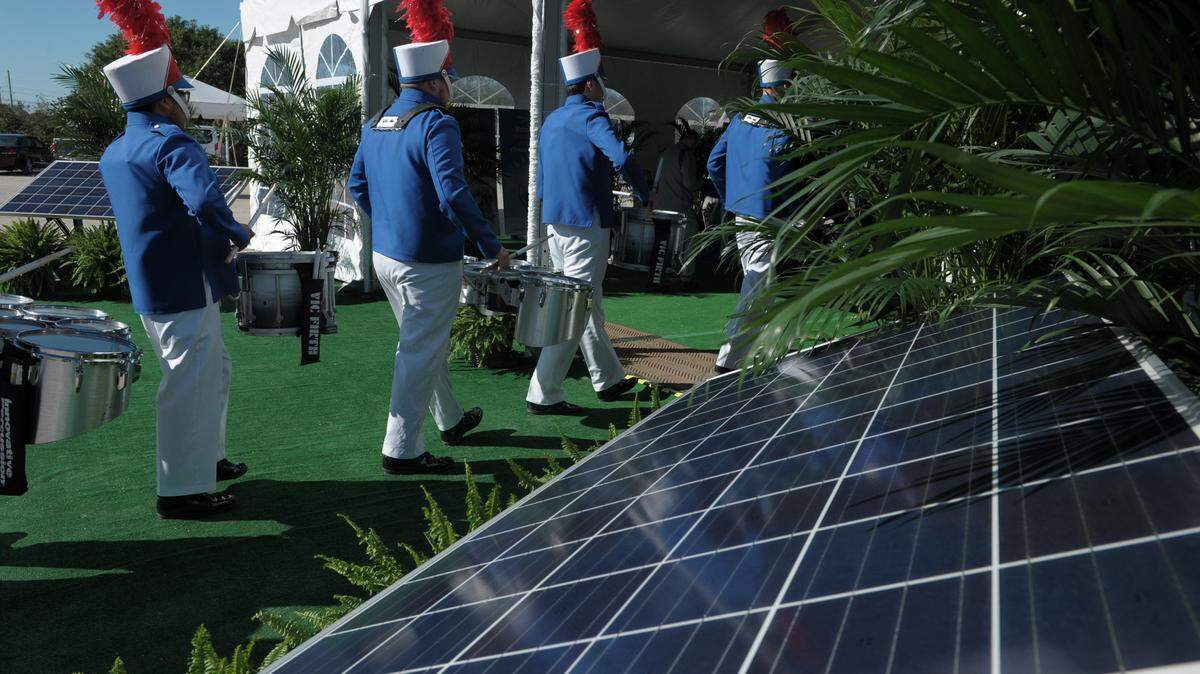 The Manatee High School drumline kicks off the ground breaking ceremony for the new Florida Power & Light, Manatee Solar Energy Center on Thursday at the FP&L Manatee Power Plant. 
 GRANT JEFFERIES/Bradenton Herald