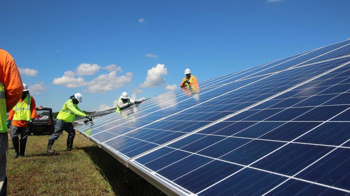 Increased use of solar power could help MIami-Dade cut emissions. Pictured is an FPL solar farm in Manatee County.