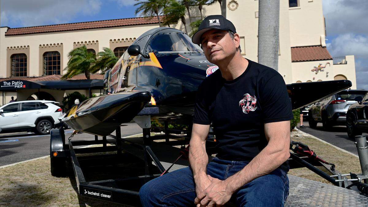 Mike Hill of Buckshot Racing with his formula 1 race boat at a press conference announcing details and presenting sponsors of the 11th annual Bradenton Area River Regatta on Feb. 17, 2026.