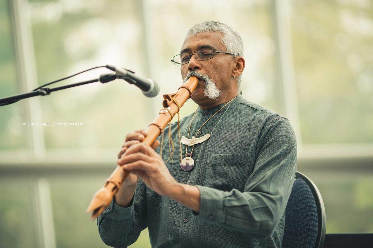 Hawk Henries, a musician and a member of the Chaubunagungamaug band of the Nipmuck tribe native to the New England area, will share Native American music and stories at Fogartyville Community Media and Arts Center this Saturday.