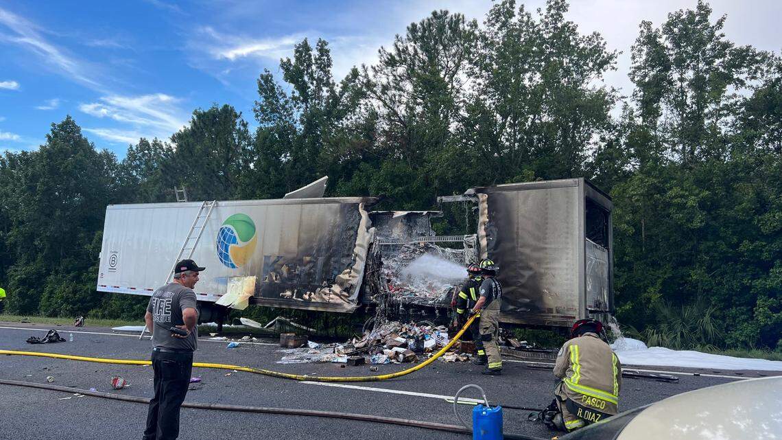 A tractor-trailer filled with food caught fire on I-75. Lanes were closed for hours