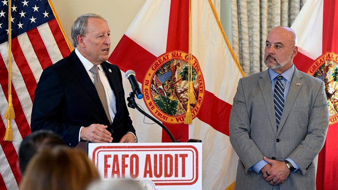 Former President of the Florida Senate Bill Galvano and Florida’s Chief Financial Officer, Blaise Ingoglia, during a press conference at Pier 22 in Bradenton to announce what state leaders have called wasteful Manatee County Government spending on Thursday, Oct. 16, 2025.