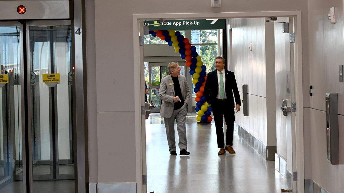 Sarasota County commissioner Mark Smith arrives with Manatee County commissioner George Kruse where guests had the opportunity to see Sarasota-Bradenton International Airport’s newest concourse during a VIP event Wednesday. Concourse A has it’s own TSA checkpoint and gates for Allegiant Air.