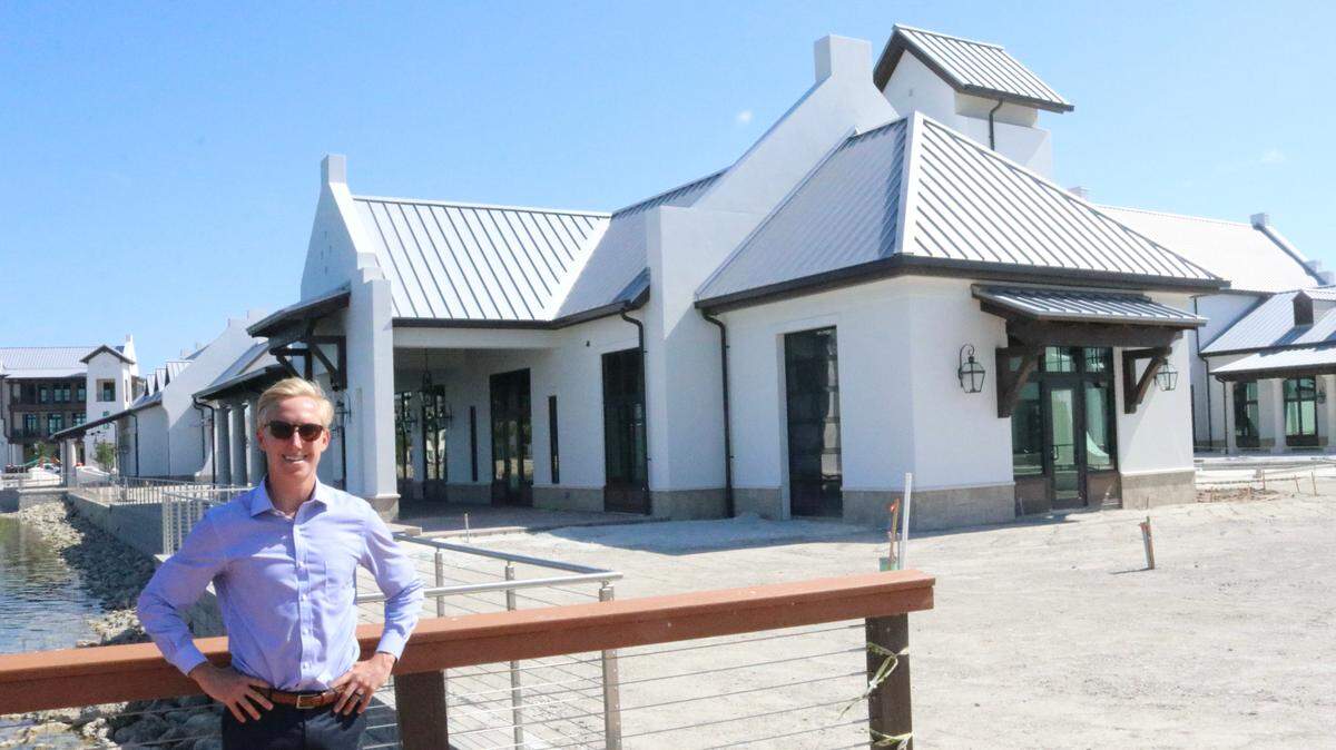 4/28/2021--Good Liquid Brewing Co. is scheduled to move into this modern industrial-style building at Waterside Place, the new town center under construction in Schroeder-Manatee Ranch’s Sarasota village. Also shown in Tom Johnson of LWR Commercial.