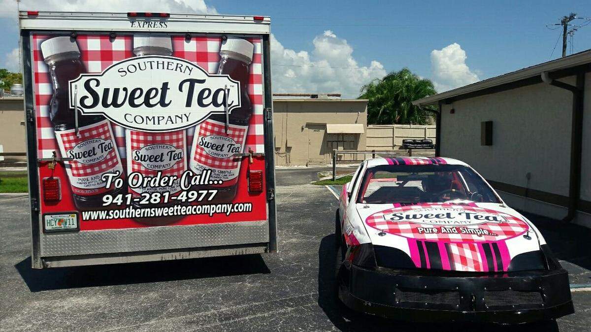 Southern Sweet Tea Company grew out of Laura Jean’s love of auto racing. Her race car is used in demonstrations for the company’s sweetened and unsweetened teas at area markets.