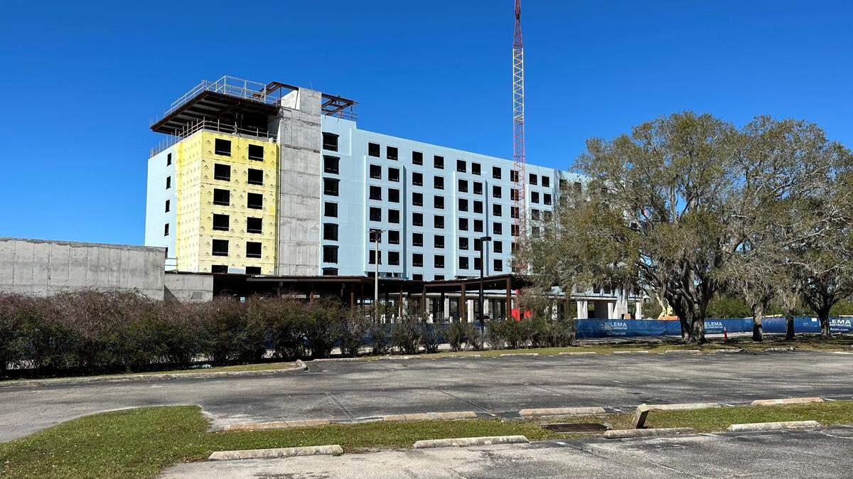 In 2021, workers were still doing site work where a hotel next to the Manatee County Convention Center was planned. The hotel, shown Feb. 13, 2023, has since reached its full eight-story height and a January 2024 opening is forecast.