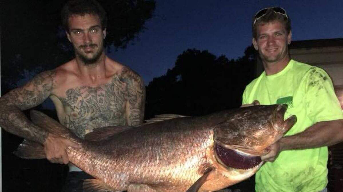 Matthew Miller and Justin Eagles with a 71-pound Cubera snapper caught in May.