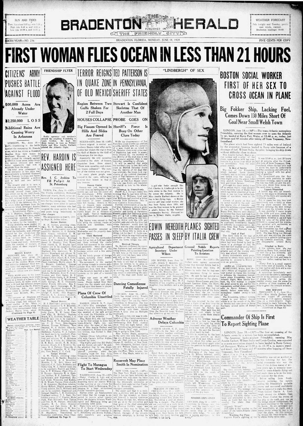 Front page of The Bradenton Herald, June 18, 1928.