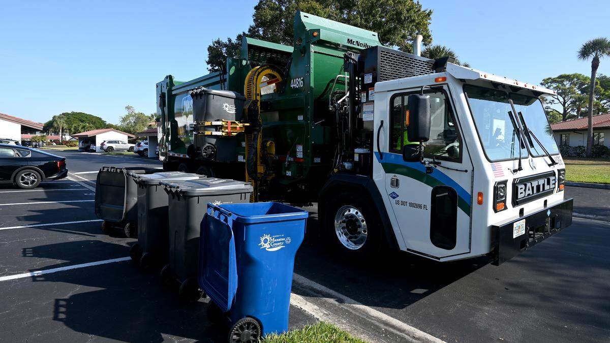 A Waste Pro truck empties trash bins in Valencia Condominiums in Bradenton on Nov. 24, 2025.
