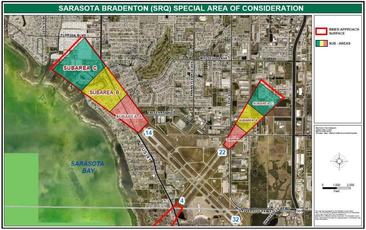 An aerial map details the areas affected by the new building height restrictions in the pathway of runways leading up to Sarasota-Bradenton International Airport in Manatee County.