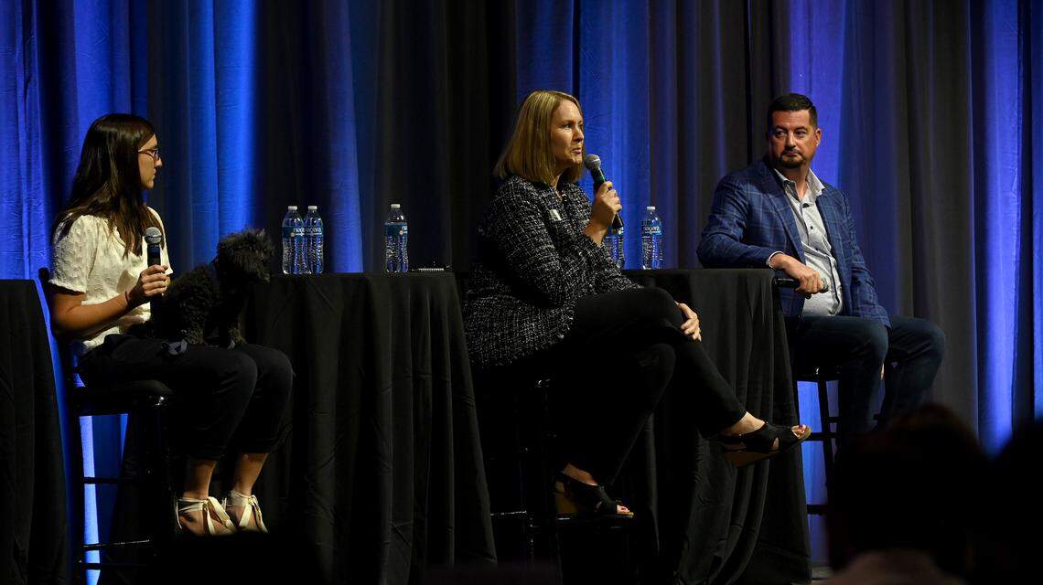 Panelists Hannah Herrig Kettelboeter, Pres. Terra Nova Equestrian Center, Paige Lemay, Pres. and CEO Coastal Orthopedic and Chris Tomasso, Pres. and CEO First Watch at the annual update for the Bradenton Area Economic Development Corporation, October 28, 2022.