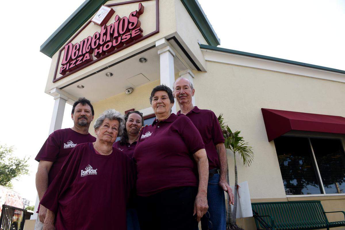 Bradenton’s icon of family dining and pizza, Demetrios, will be closing their doors on April 16. They are so grateful to the community who has loved them all the years they have been open, they say, but they want to have time for their family. Left to right: Gus Sokos, Helen Sokos, Tina Whyte, Paula and Jim Ludera..