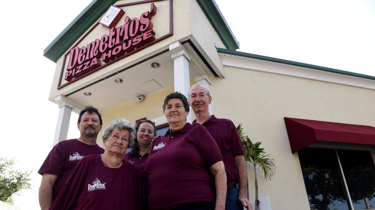 Bradenton’s icon of family dining and pizza, Demetrios’ Pizza House, closed its doors on April 16 but the building is getting new life. From left is Gus Sokos, Helen Sokos, Tina Whyte, Paula and Jim Ludera.