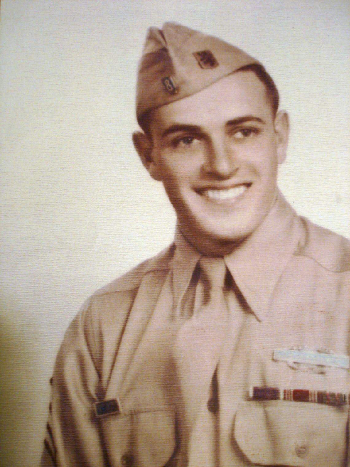 Bill O’Brien wears a Purple Heart and Combat Infantry Badge in this photo taken during his Army service after World War II.