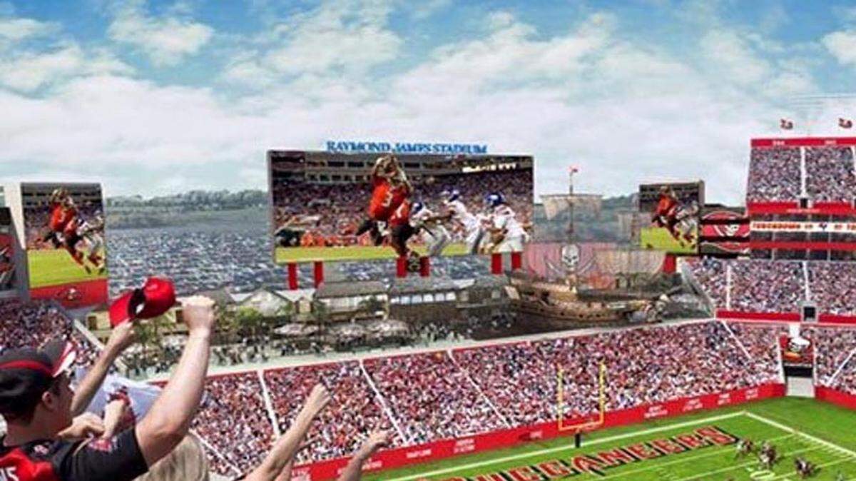 This artist's rendering shows the new video boards that are part of a proposed $100 million multi-stage renovation of Raymond James Stadium. The main board would be much larger than the current one. (TSA)
