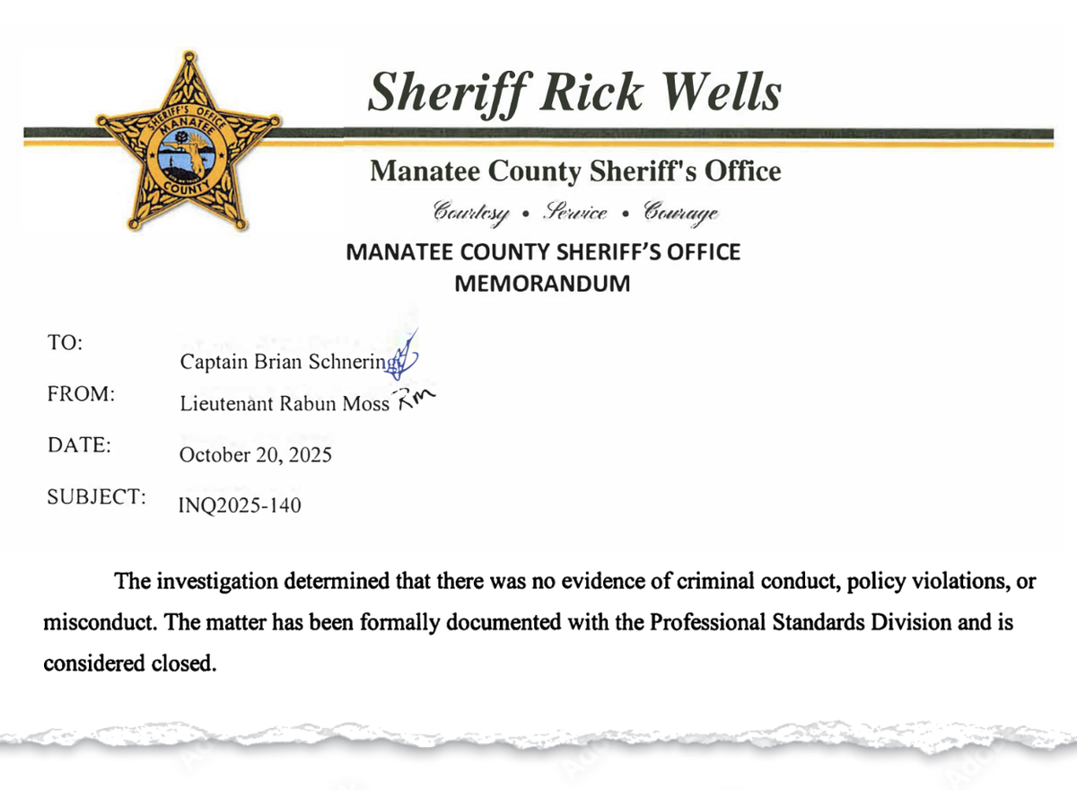 Manatee County Sheriff’s Office cleared Lt. Randall Crawford of wrongdoing.
