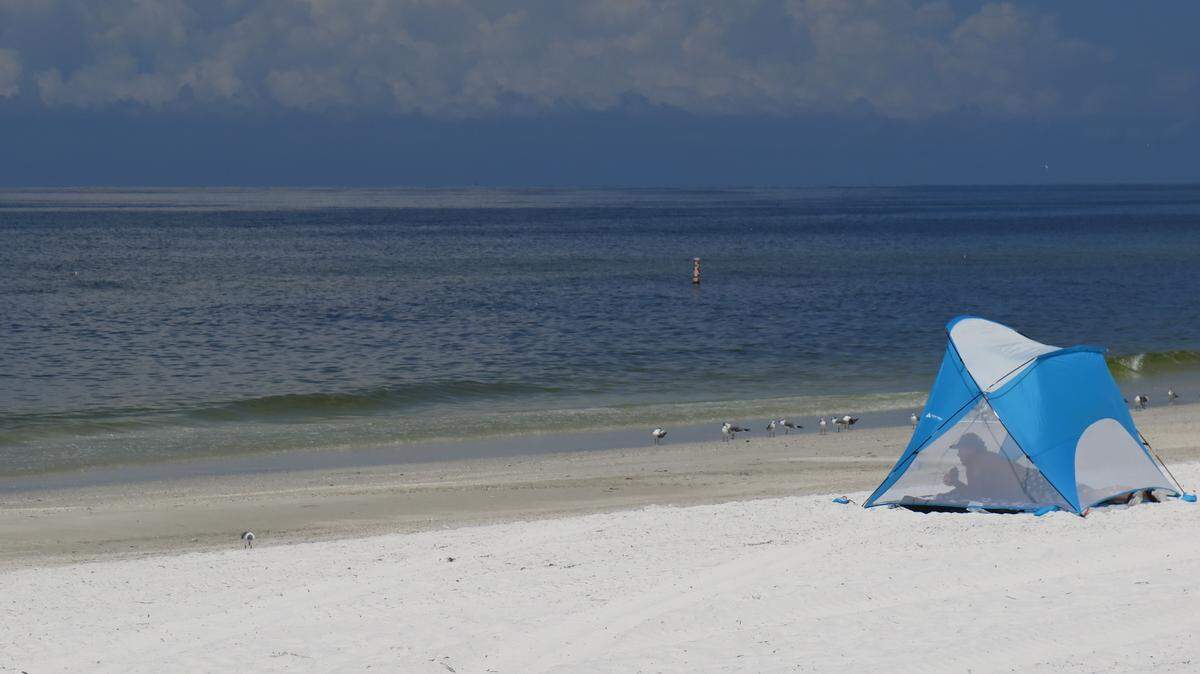 A lone beachgoer seeks shade under a tent on Cortez Beach Saturday morning. Red tide’s conditions kept many potential visitors from the beach as the smell persists, despite Manatee County’s progress in cleaning the shores.