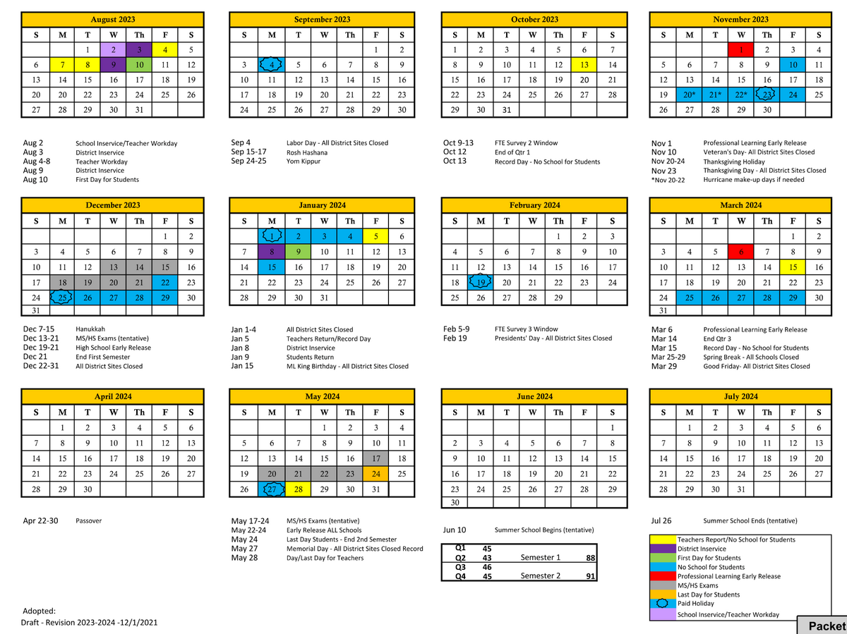 The School District of Manatee County’s academic calendar for 2023-2024, which the School Board unanimously approved on Dec. 14.