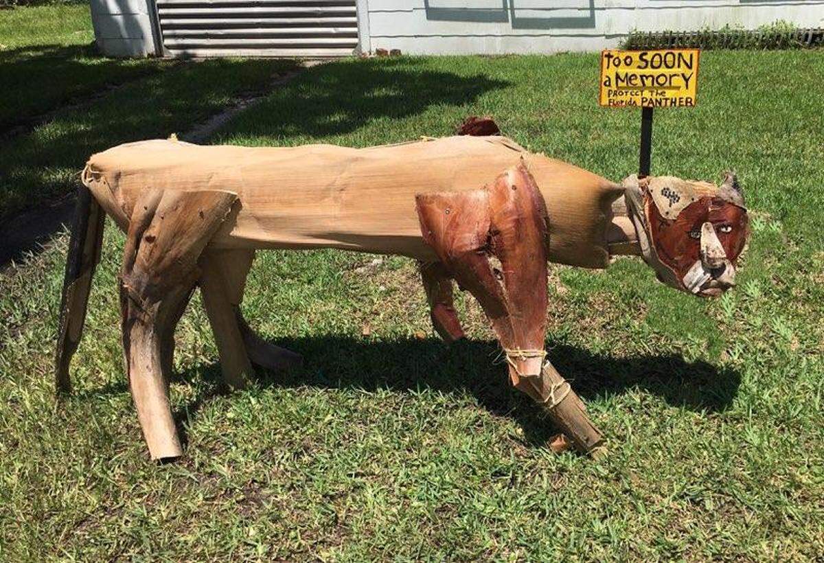 Plant materials collected in Susan Curry’s neighborhood in Cortez were transformed into a life-size Florida panther. The artist was inspired to make the piece after learning that plans for a new Florida toll road project passed by the state legislature in the 2019 could further imperil the endangered cats.