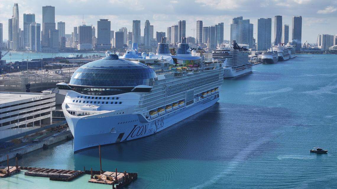 MIAMI, FLORIDA - FEBRUARY 03: In an aerial view, Royal Caribbean's Icon of the Seas, billed as the world's largest cruise ship, is moored at PortMiami after returning from its maiden voyage on February 03, 2024, in Miami, Florida. The 1,197-foot long ship cost $1.79 billion to build, has 20 decks, and can hold a maximum of 7,600 people. (Photo by Joe Raedle/Getty Images)