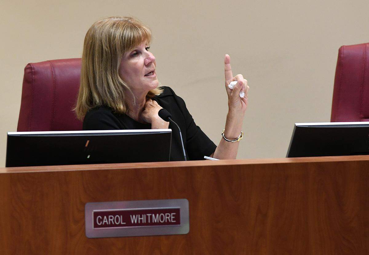 08/10/21—Commissioner Carol Whitmore, a supporter of a ban on selling dogs and cats at retailers, addresses the crowd before a vote on a county ordinance for the ban.