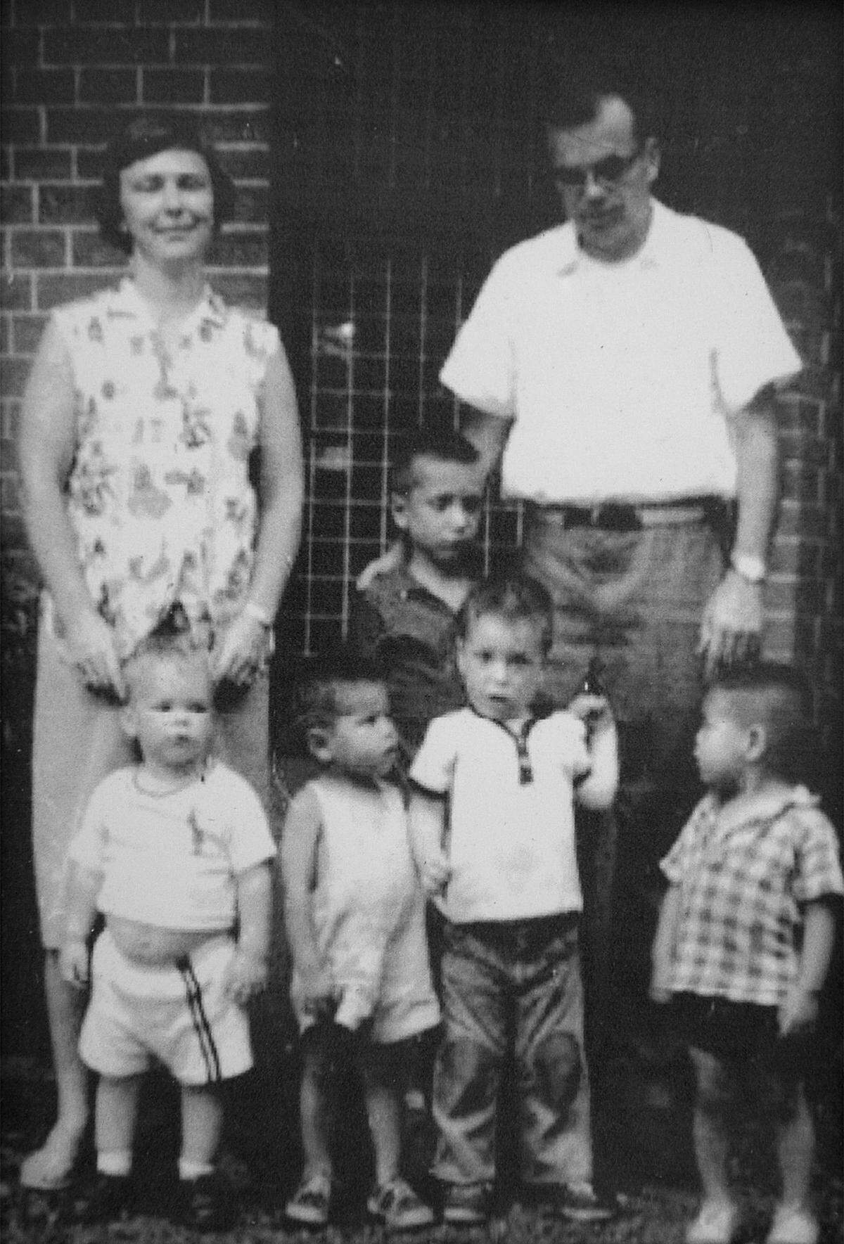 Sue and Dr. Joe Newhall with their children, Paul, Jimmy, Tim, Phillip and Johnny in Rangoon as they were leaving Burma in the 1960s.