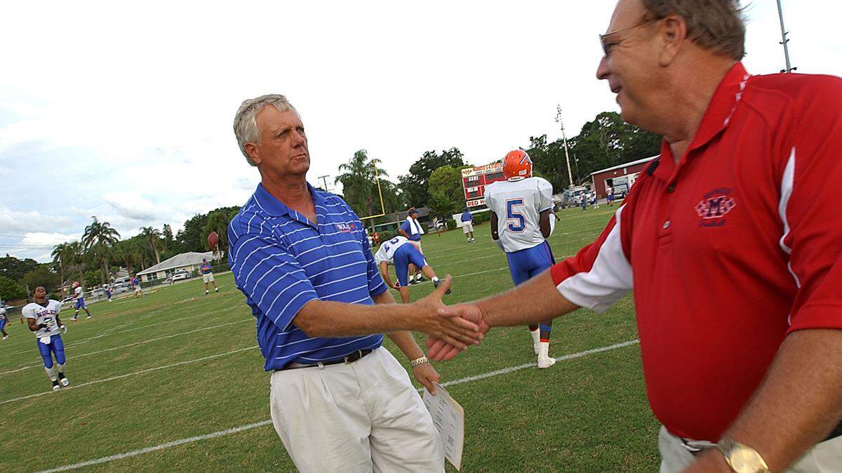 Paul Maechtle, left, and Joe Kinnan combined to lead Southeast and Manatee high schools to eight football state championships, with Kinnan winning six with the Hurricanes.