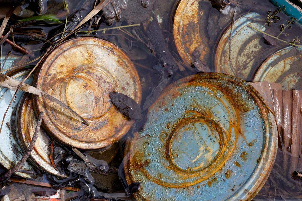 Film canisters are among the debris scattered in a Charlotte County neighborhood caused by Hurricane Milton in Sarasota, Florida on Thursday, October 10, 2024.