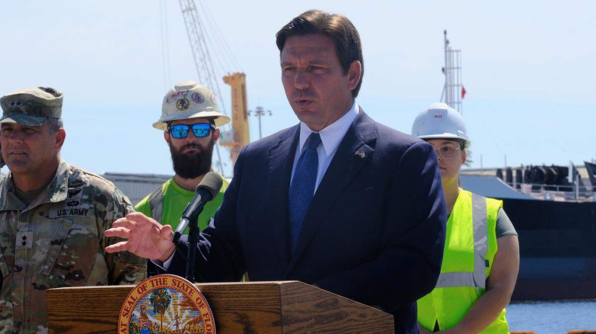 Gov. Ron DeSantis speaks about Hurricane Milton recovery efforts at SeaPort Manatee on Monday, Oct. 14, 2024.