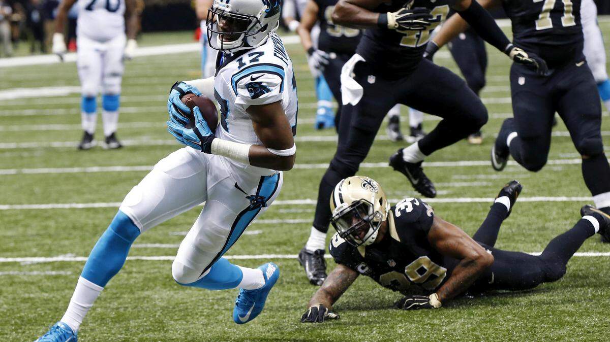 Carolina Panthers wide receiver Devin Funchess scores a touchdown in front of New Orleans Saints cornerback Brandon Browner during Sunday's game in New Orleans.ASSOCIATED PRESS