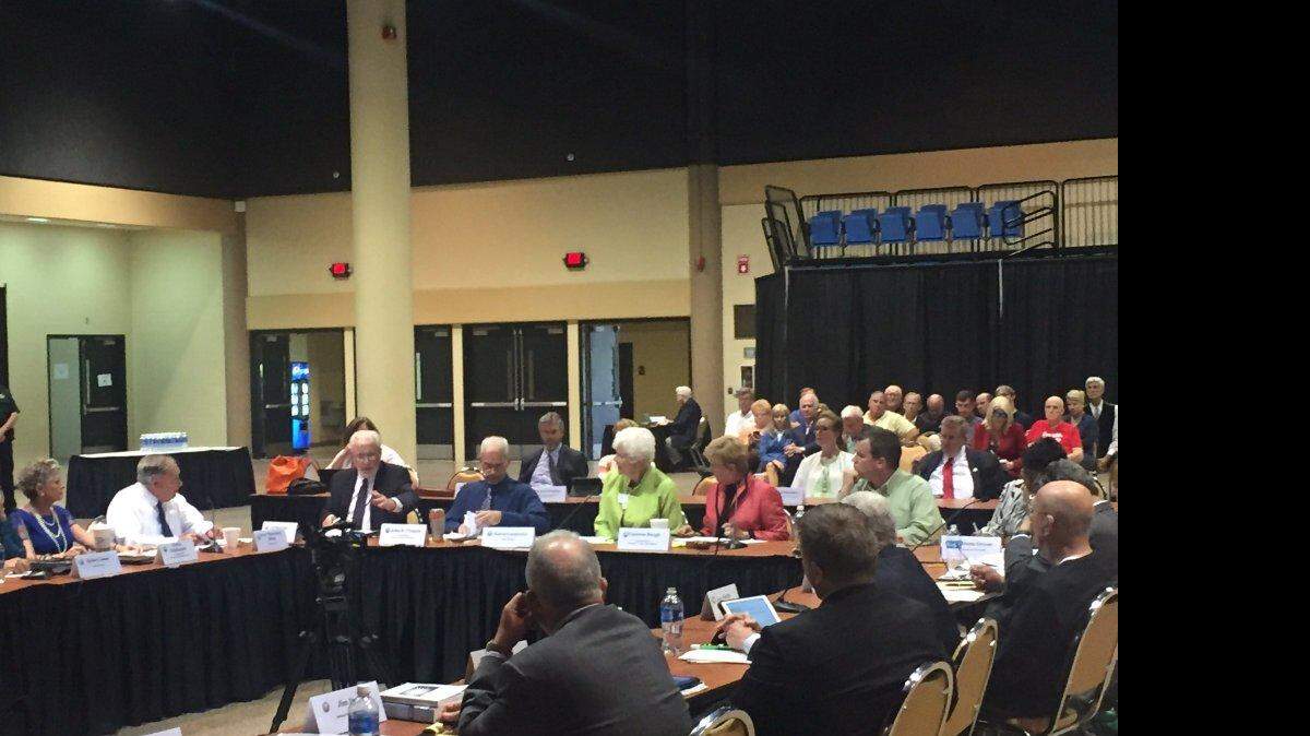 The Manatee County Commission and Manatee County School Board met Tuesday to discuss possibly asking voters to approve extension of a school sales tax and creation of a separate sales tax to fund county government. CLAIRE ARONSON/Bradenton Herald