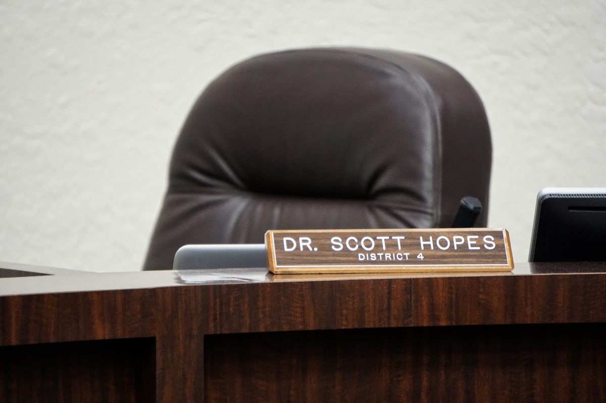 04/27/21--School Board member Scott Hopes seat remained empty as he missed the final 40 minutes of the school district’s public meeting on April 27, 2021. Hopes began working for Manatee County Government as acting county administrator on April 1. Since then, the elected official has been late to arrive in person at public meetings and has left early in order to fulfill his commitment to the county.