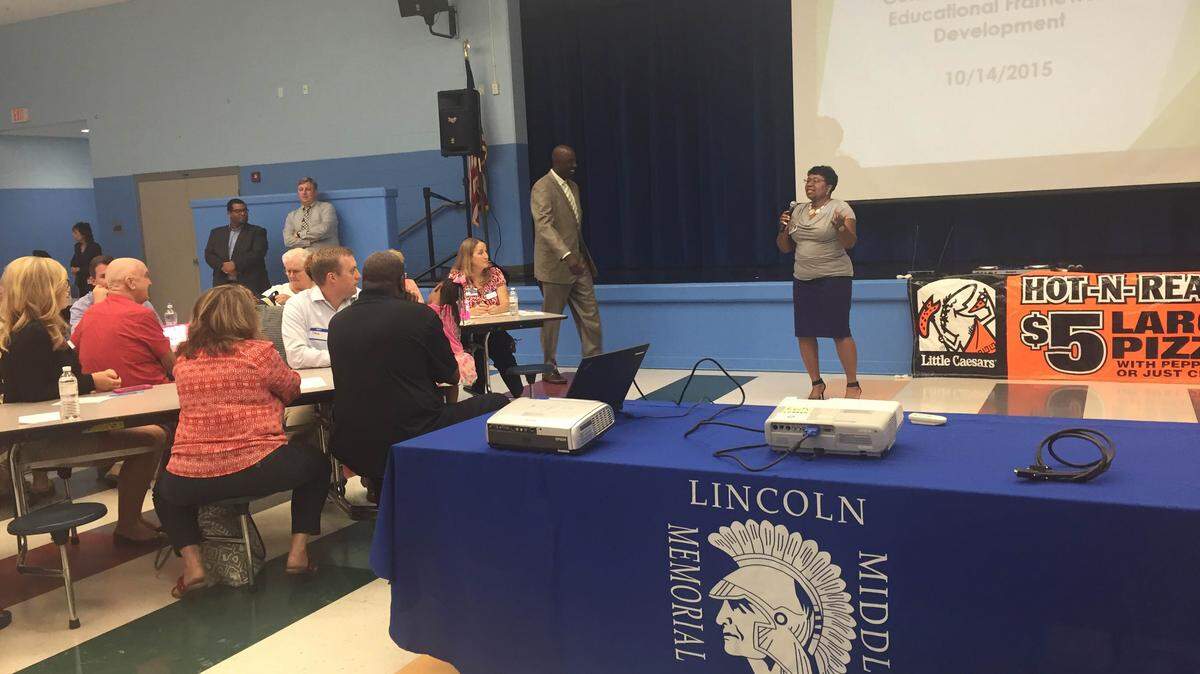 Manatee County School District Superintendent Diana Greene speaks Wednesday at LIncoln Middle School in Palmetto.MEGHIN DELANEY/Bradenton Herald