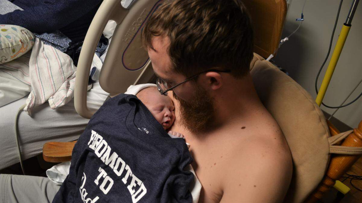Spencer Pascoe holds his new son Kaiden at Manatee Memorial Hospital. Kaiden was the first Manatee County baby of 2019.