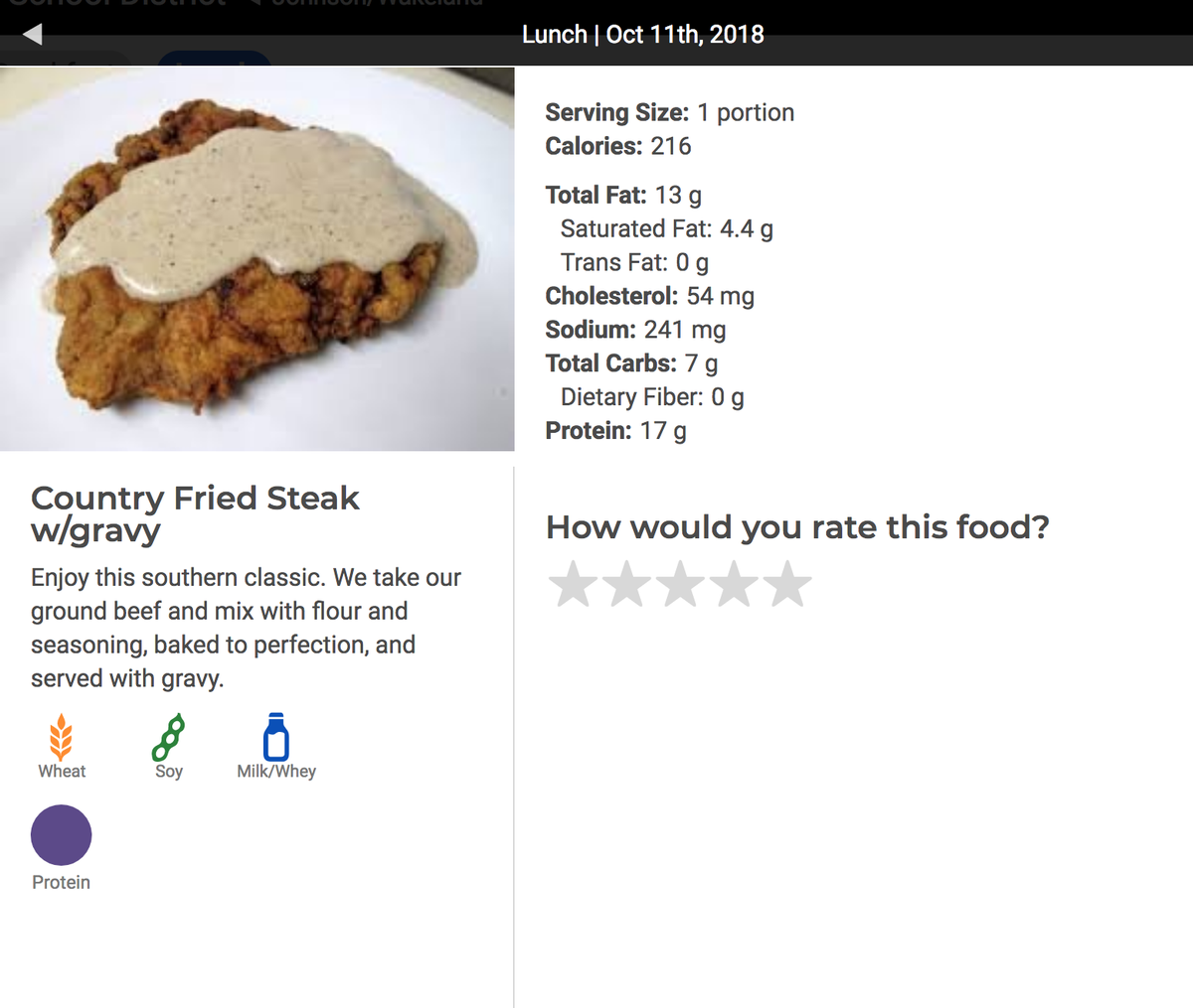 Manatee served its elementary students country fried steak with gravy on Oct. 11, along with “boom boom” chicken, bread sticks, mashed potatoes, fruit and salad.