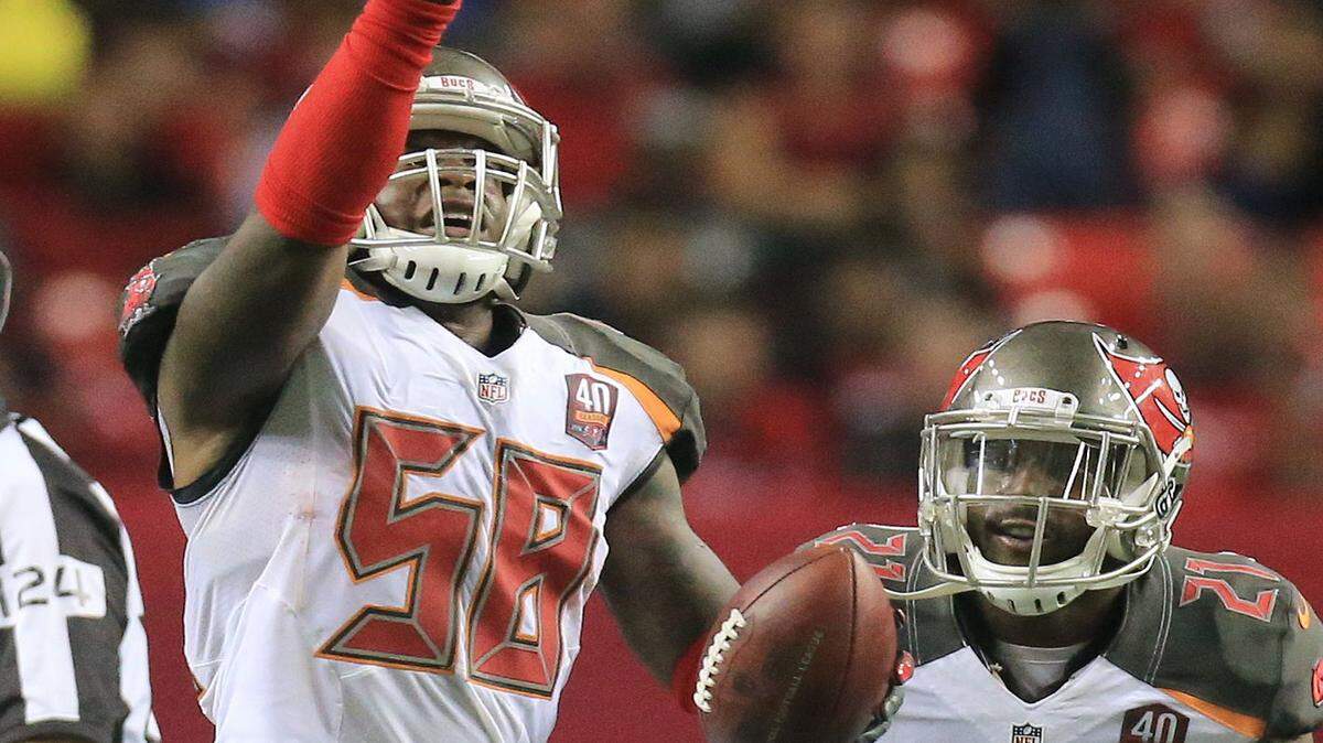 Tampa Bay Buccaneers linebacker Kwon Alexander reacts to intercepting Atlanta Falcons quarterback Matt Ryan throw during an NFL football game on Sunday, Nov. 1, 2015, in Atlanta. (Curtis Compton/Atlanta-Journal Constitution via AP) MARIETTA DAILY OUT, GWINNETT DAILY POST OUT, LOCAL TV OUT (WXIA, WGCL, FOX 5)