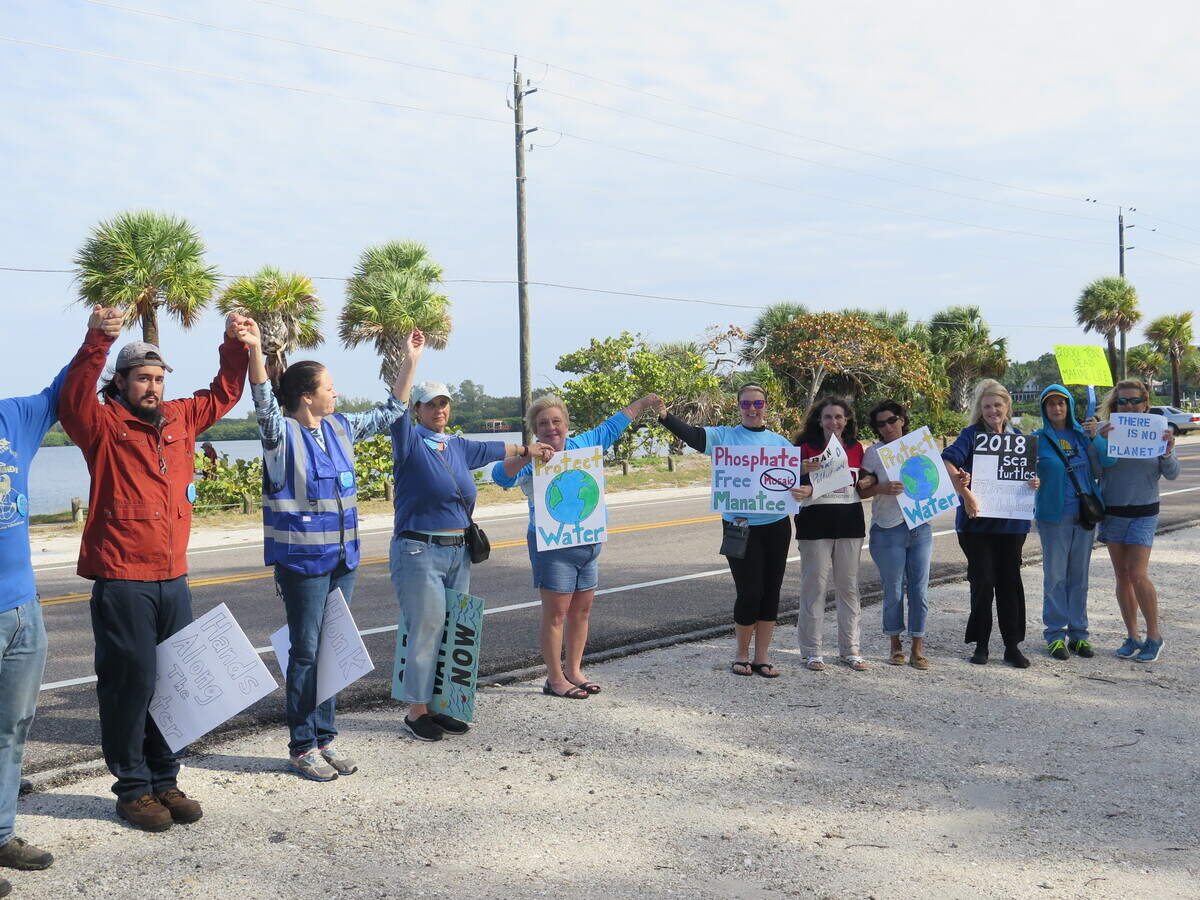 In solidarity with the other five protests happening Saturday morning, attendees stood in a line and held hands to show support for the environment and stricter government regulations.
