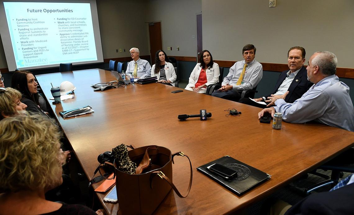 Manatee Memorial Hospital staff and leadership discuss their response to the opioid crisis with Congressman Vern Buchanan, describing their ALTO Program through the Emergency Care Center.