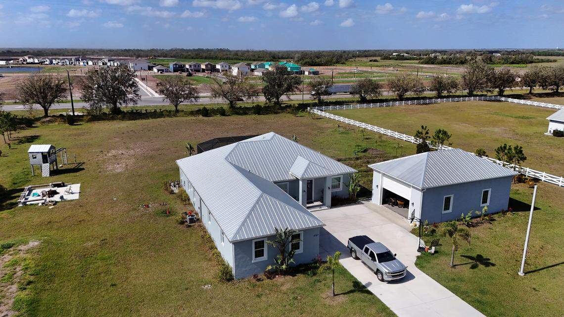 Foxbrook resident Marcos Alvarez’s home is across the street from the Rye Ranch construction site in Parrish. Alvarez and other residents are complaining of constant dirt being blown into their homes from the site. Photos taken March 4, 2025.